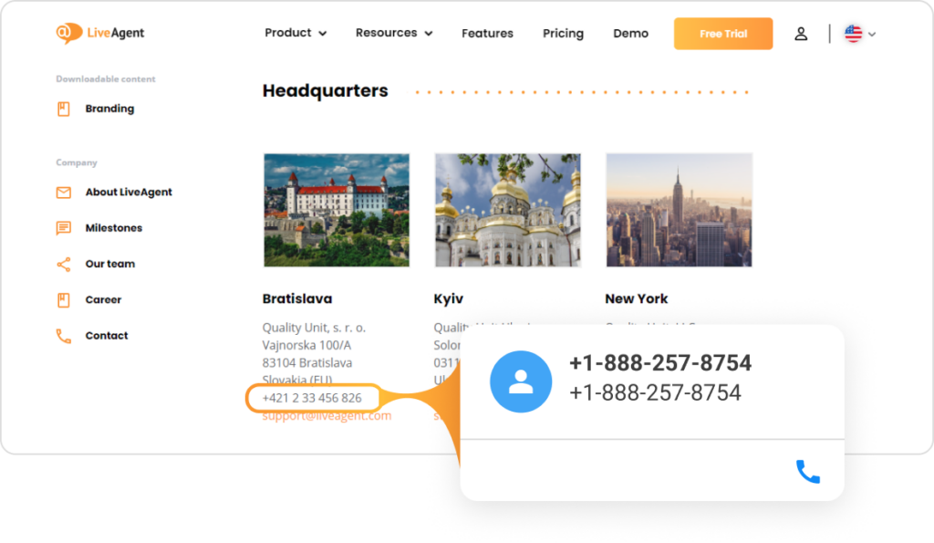 Κάρτα επαφής κλικ για κλήση του LiveAgent